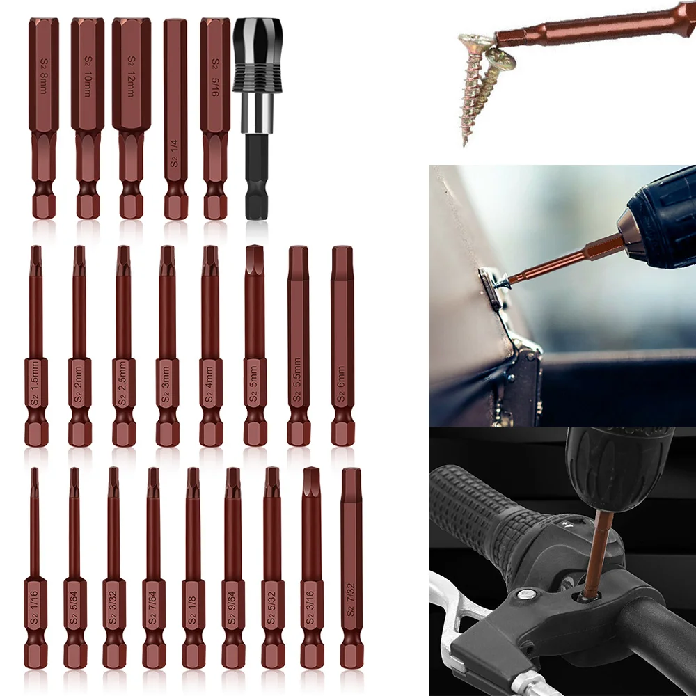 23Pcs Hexagon Head Wrench Drill Bit Set S2 Steel Metric Imperial Hex Bits Set 2.3 inch Long Hex Key Shank Magnetic Screwdriver