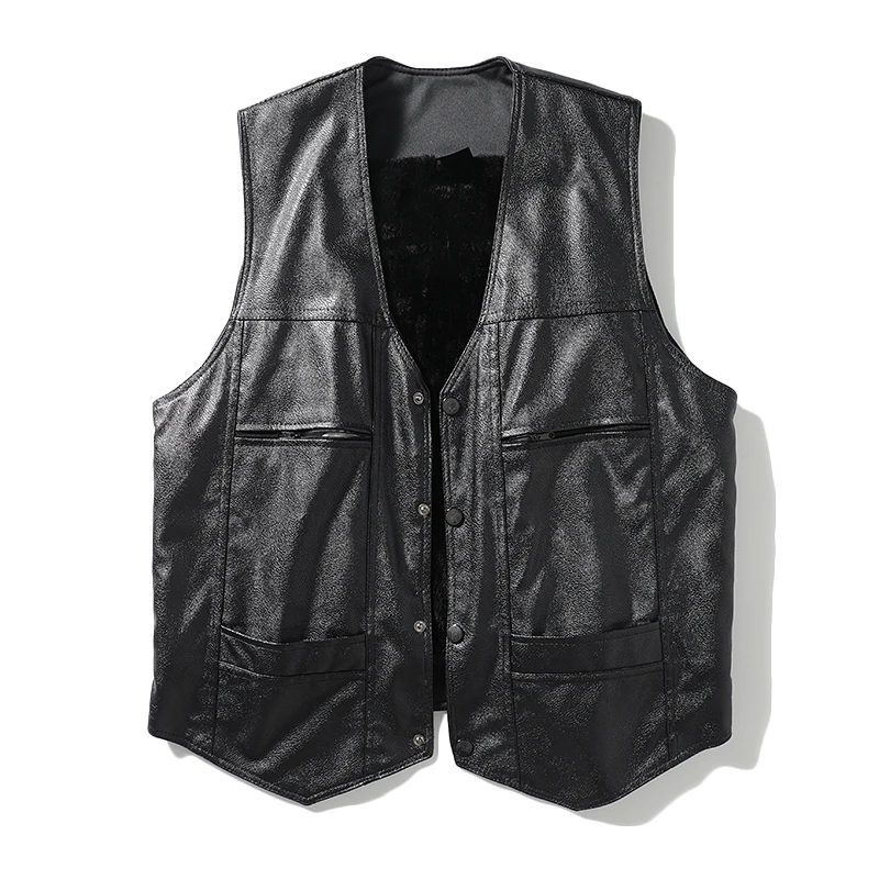 American Black Ecological Microfiber Leather Velvet Lining Men's Versatile Autumn Winter Commuting Warm Leather Fleece Vest Tops