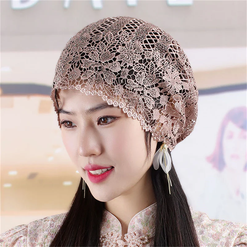 Breathable Summer Muslim Turban Hat Women Flower Embroidery Lace Hijab Bonnet Ready to Wear Bandana Cap Head Cover Stretchy Hats