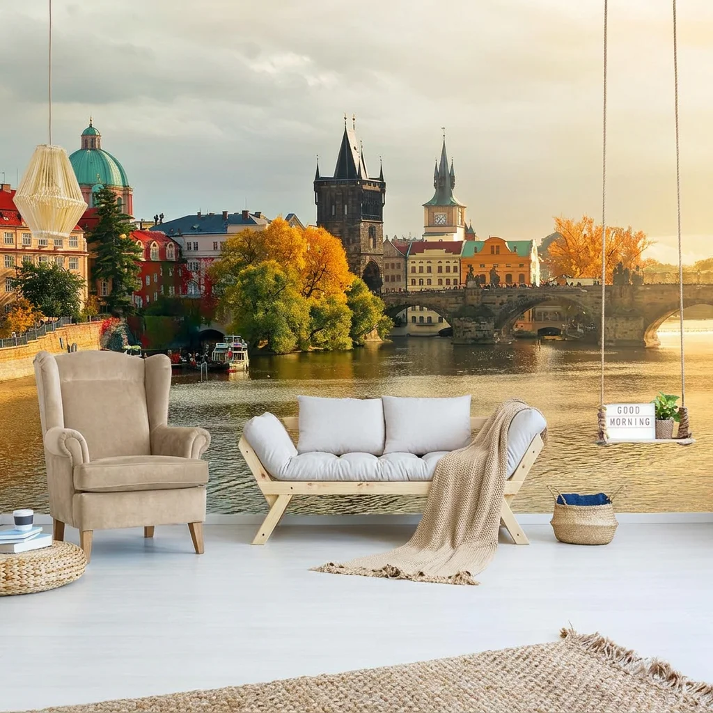 Self-adhesive material featuring a Gothic tower and autumn-colored trees, perfect for living room and bedroom background walls.