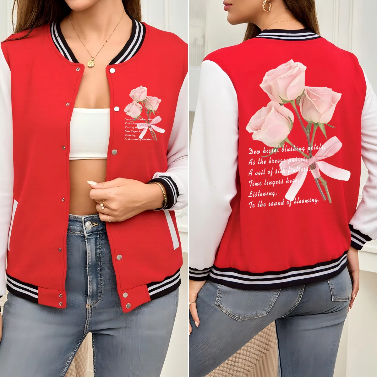 

Pink Rose Art Letter Printing Baseball Uniform Woman Colorful Cotton Streetwear Autumn Unisex Jackets Loose American Coat
