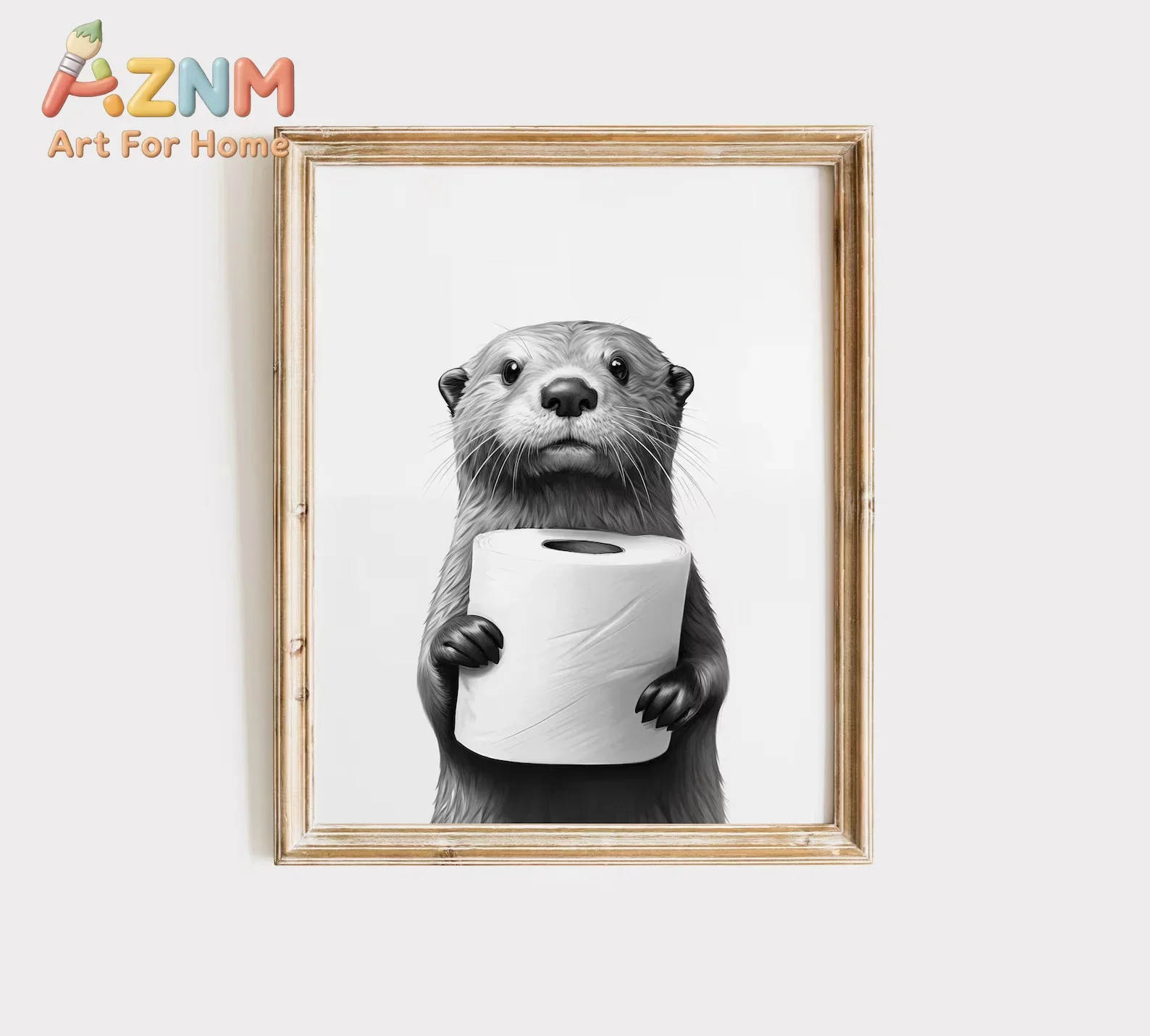 AZNM Frameless Canvas Wall Art Funny Otter Holding Toilet Roll Sketch Print Black White Animal Poster Bathroom Wall Decor