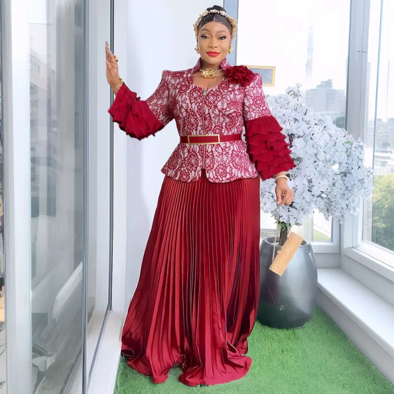 Afrikanische Damenbekleidung, plissiertes Spitzendruckkleid, Party, langes Kleid, Hochzeitskleid, zweiteiliges Set
