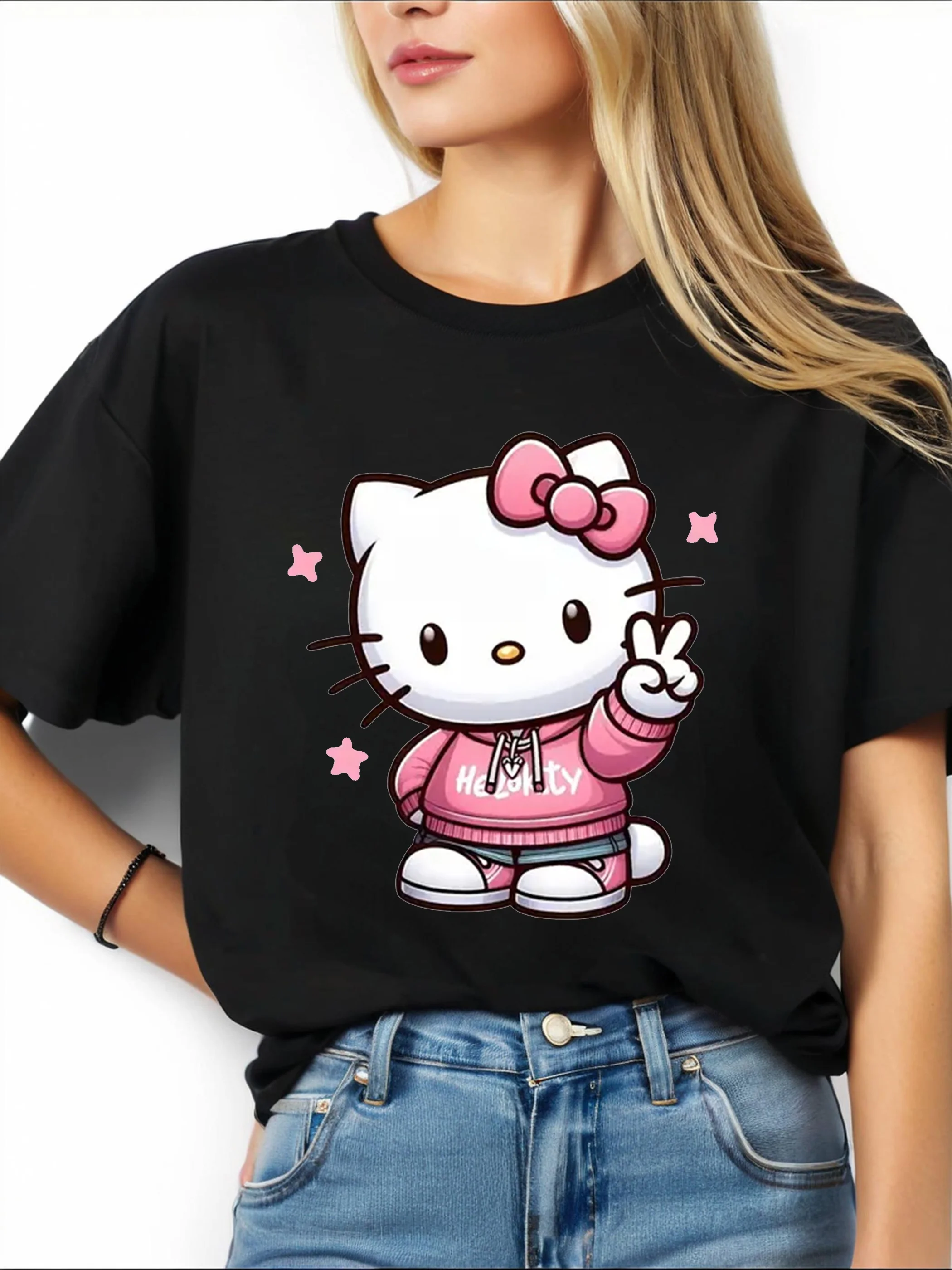 

Y2k Style T-shirt Cartoon Hello Kitty Cat Print Short Sleeved T-shirt Women's Autumn American Sweet Niche Casual Top