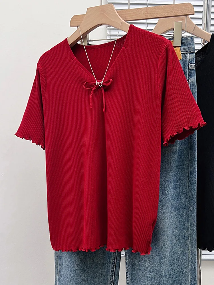

Loose Sweater Summer Knit Sweater T-shirts Women Sexy Bow Short Sleeve Tees Tops Casual Fashion Stylish Chic Ladies Jumpers