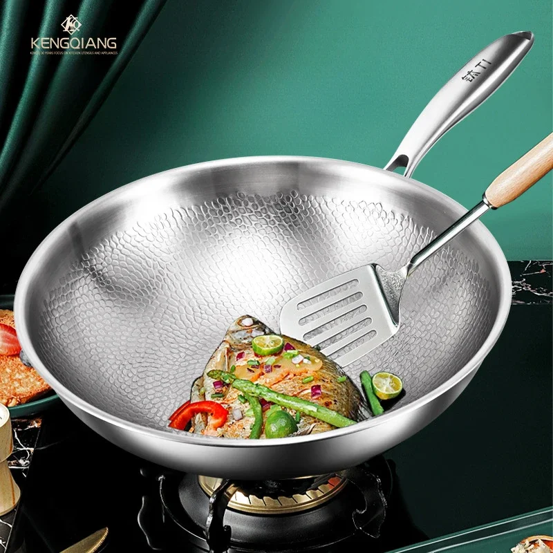 KENGQIANG Pure titanium flat bottomed wok Non coated household scale hammer titanium frying pan cookware cooking pot non stick