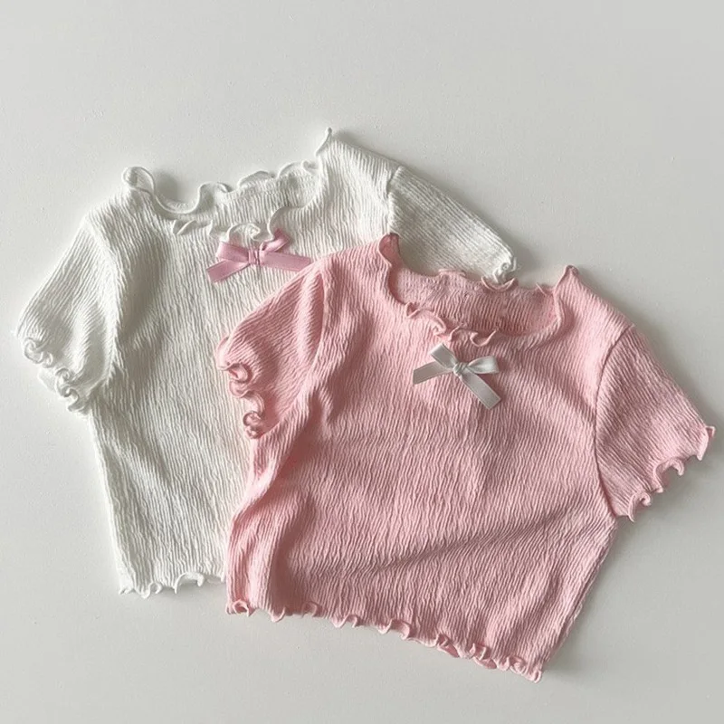 

2025 Summer New Children Short Sleeve T Shirts Sweet Girls Cute Bow Tee Solid Baby Fashion Versatile Tops Cotton Kids Clothes