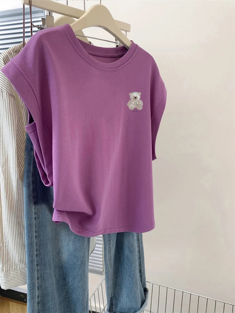 เสื้อยืดทรงหลวมสบายๆ ดีไซน์ฤดูร้อน ใส่ได้หลากหลาย ช่วยให้ดูผอมเพรียว ทันสมัย สีพื้น ป้องกันริ้วรอย ความยาวคลุมไหล่