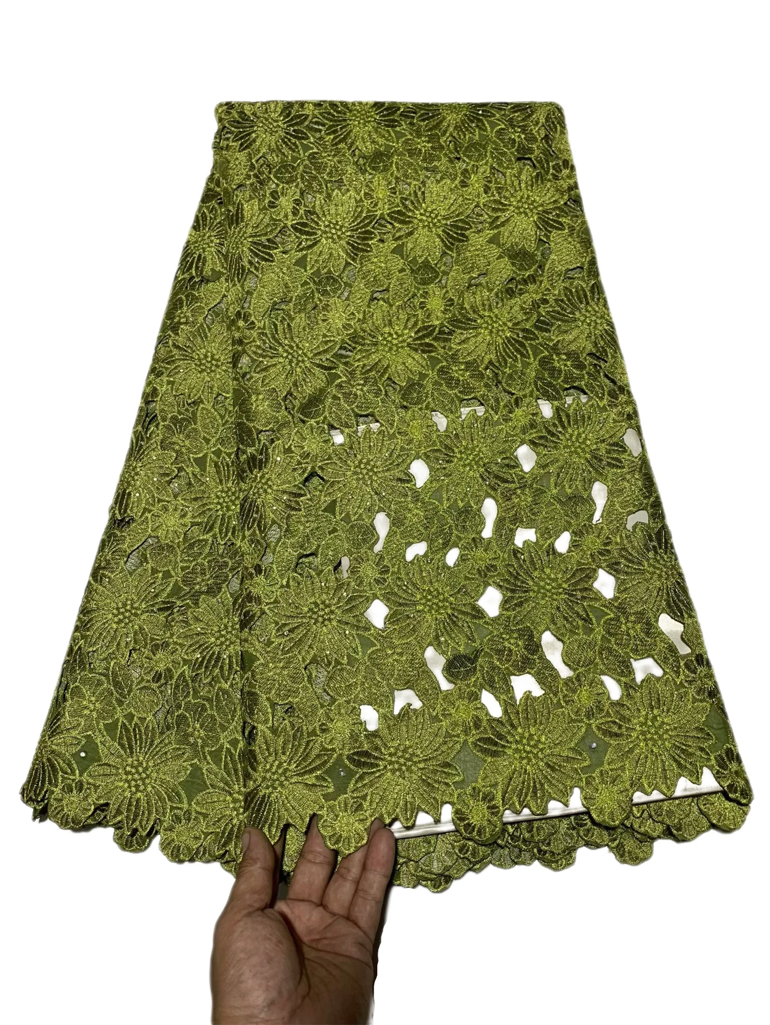 

African Nigerian Rhinestone Lace Fabrics 5 Yards Green Hand-Cut Holes 100% Cotton Swiss Voile Lace Embroidery For Women Dresses