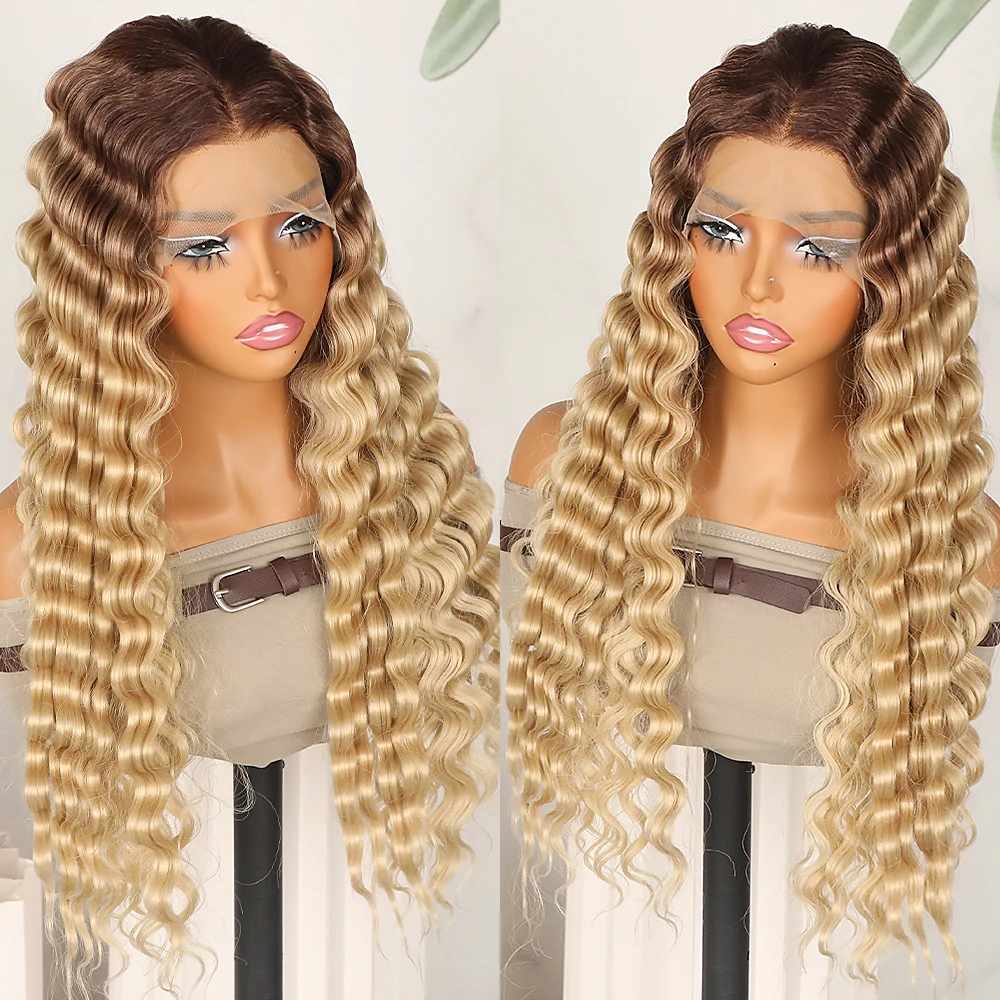 

Коричнево-русый парик омбре с кудрявыми синтетическими волосами, 26 дюймов, без клея, глубокая волна, с предварительно выщипанной линией роста волос, термостойкий