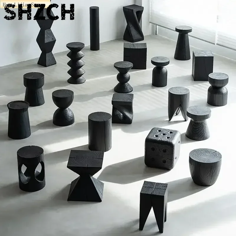 Carbonized Ottoman Black Solid Wood Pier Home Hotel Art Decoration Root Carving Creative Coffee Table Low Stool
