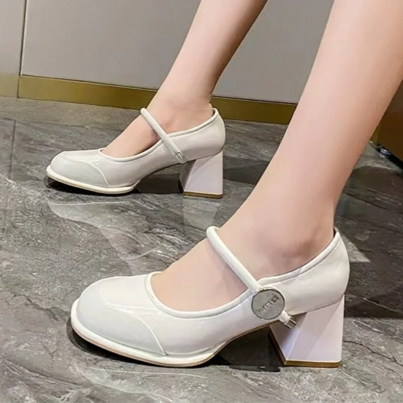 Round Toe Women's High Heels Single Shoes One Word Metallic Buckle Platform Retro Comfortable Casual Ladies Chunky Heels Shoes