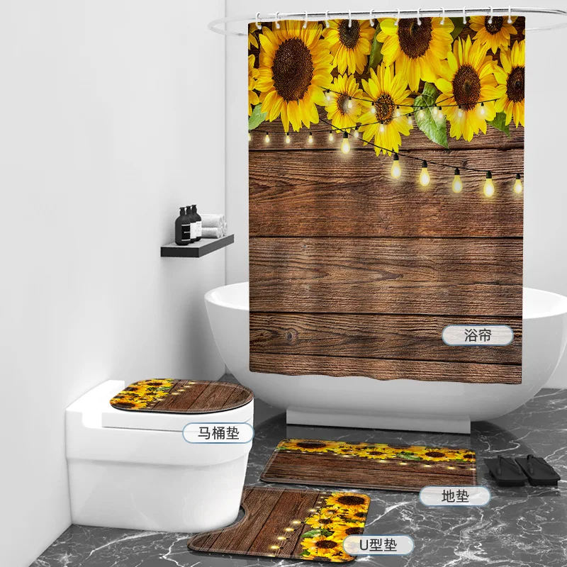 

Sunflower 3D Printed Bathroom Set Together Shower Curtain Rug Set Bathroom Mats Rugs Toilet Decor Mat 02