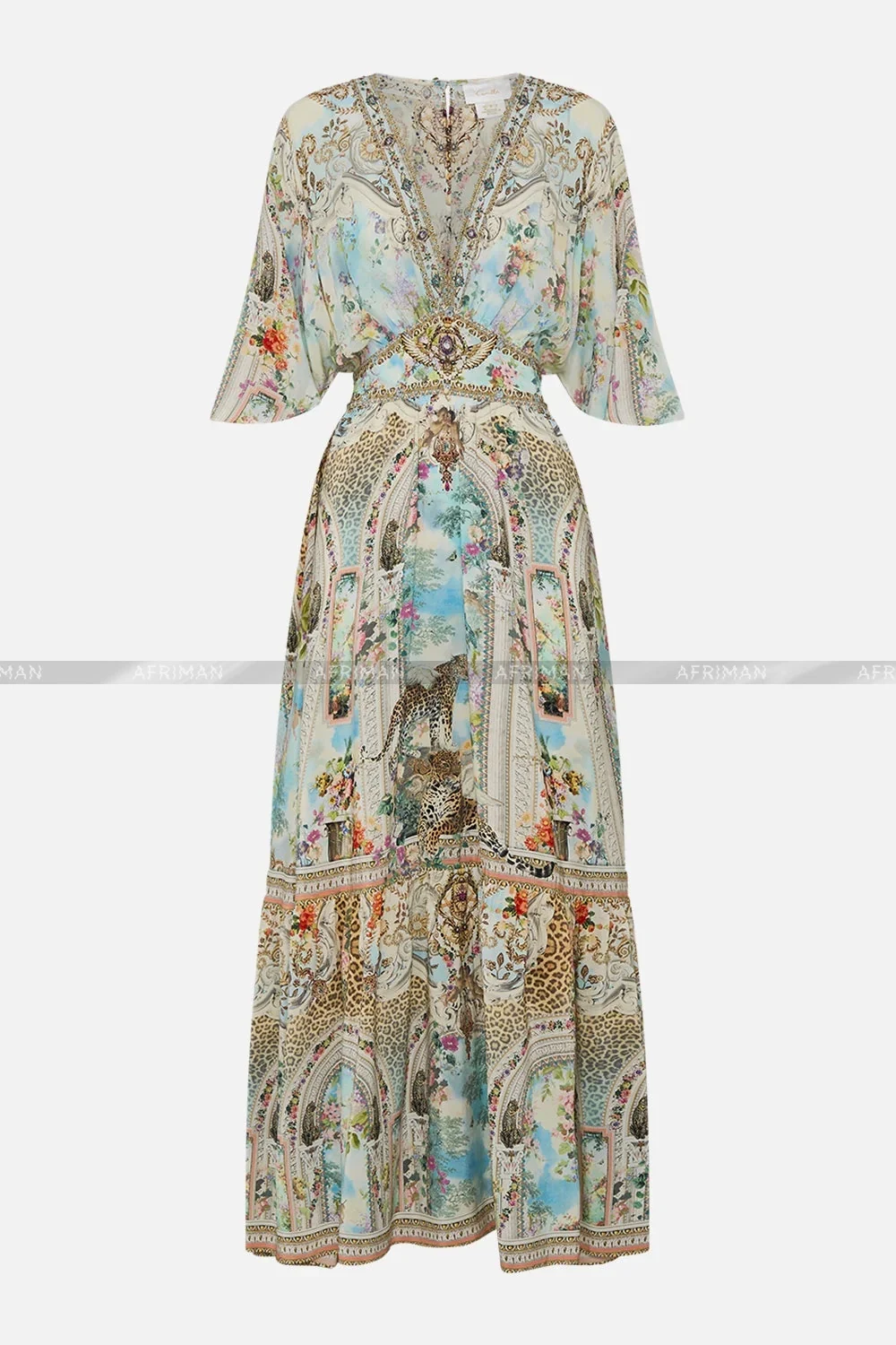 Robe évasée à manches courtes pour femmes, col en V, perles de cristal, imprimé floral et léopard rétro, taille élastique, 100%