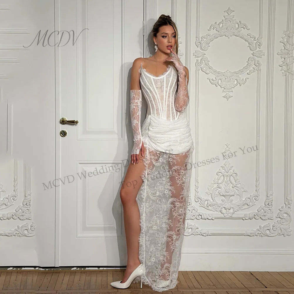 Lace Corset Wedding Dress Straapless Ruched Civil Elopement Bridal Gown Straight Above Knee vestidos de novia civil Customized