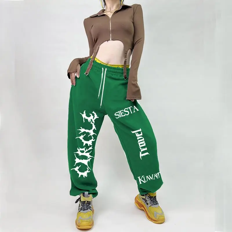 

Street Cool Hip-hop Sporty Trousers Women Fashion Sweat Pants Hip-hop Jazz Loose Waist High Casual Pants Drawstring Sweatpants