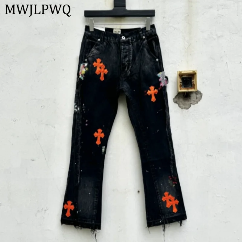 

MWJLPWQ Patchwork Leather Splash Ink Design Flared Pants Male Rough Edge Washed Streetwear Vintage Slimming Casual Jeans 11252