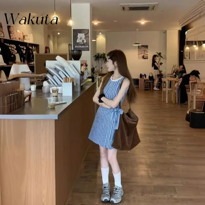 WAKUTA coreano classico girocollo senza maniche Plaid Tie Up abiti per le donne con Design in vita e Mini abiti aderenti corti