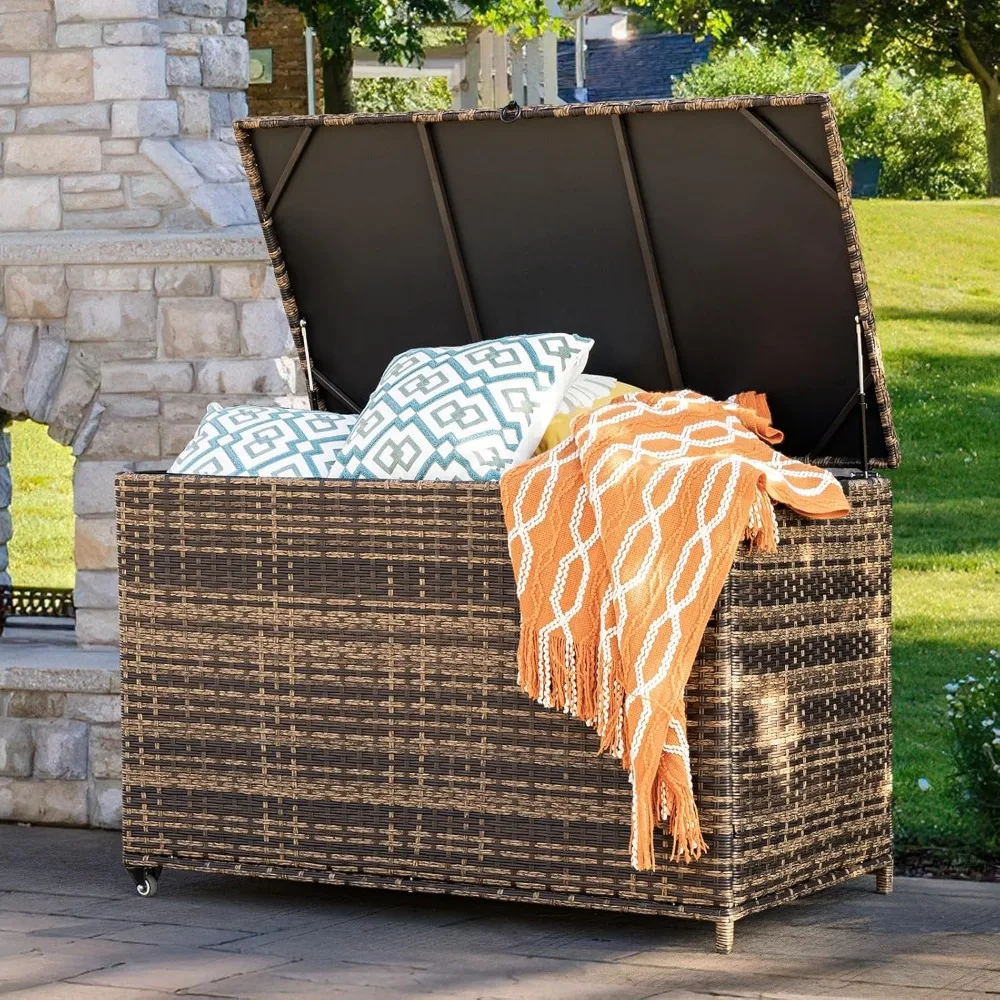 

178 Gallon Outdoor Storage Box, Handle Large Portable Wicker Rattan Deck Box for Patio Furniture Cushions, Patio Deck Box