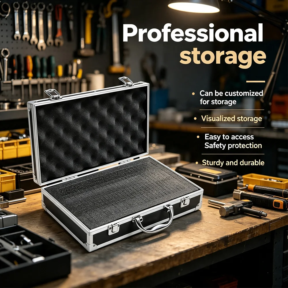 Aluminum Portable Tool Box Storage Case with Sponge Lining Impact Resistant Handheld Toolbox for Garage Workshop Home Tools