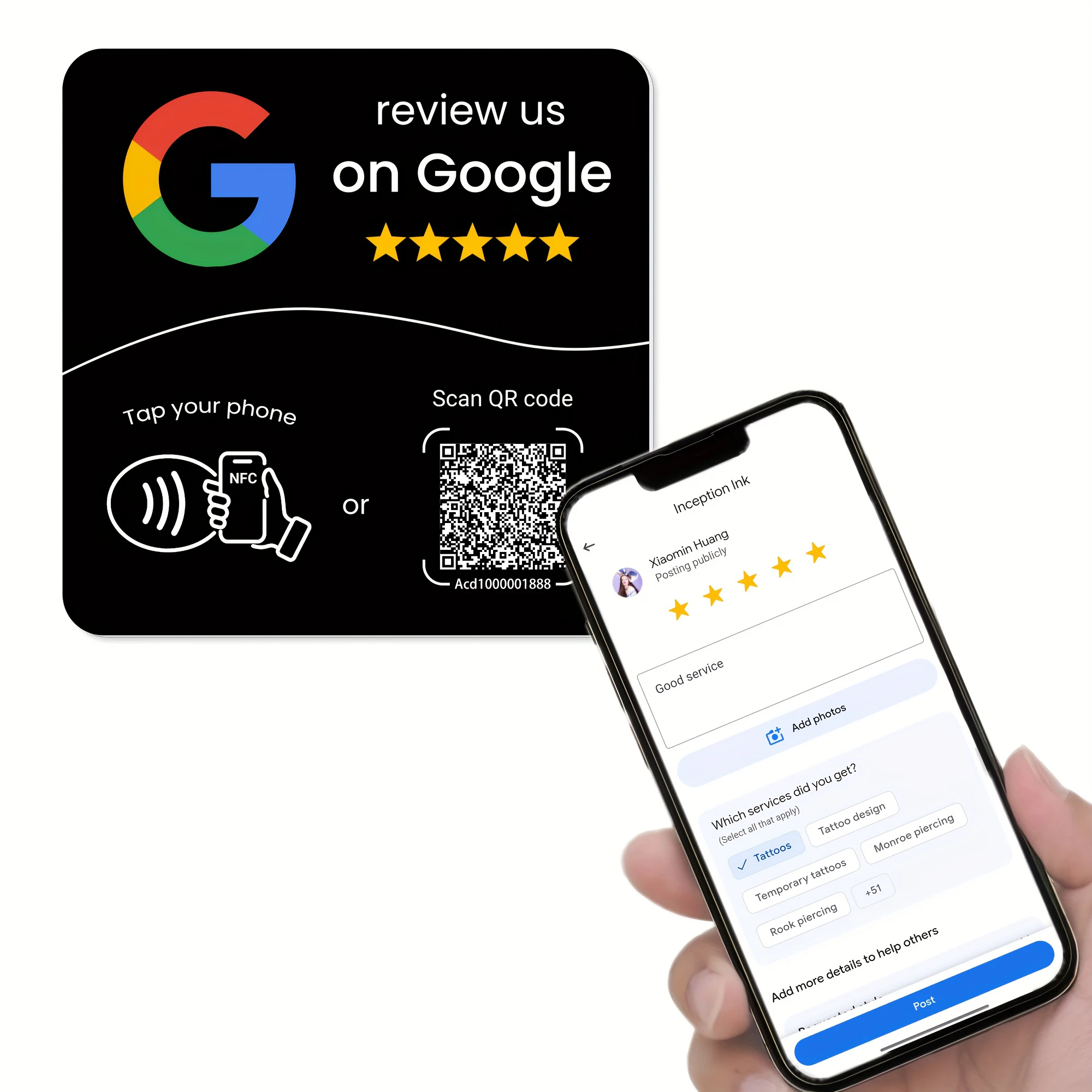 HACHANLUN ป้าย NFC 215 แบบตั้งโต๊ะสำหรับรีวิว Google พร้อมแท่นวาง NFC 13.56Mhz รองรับ QR code ปรับแต่งได้