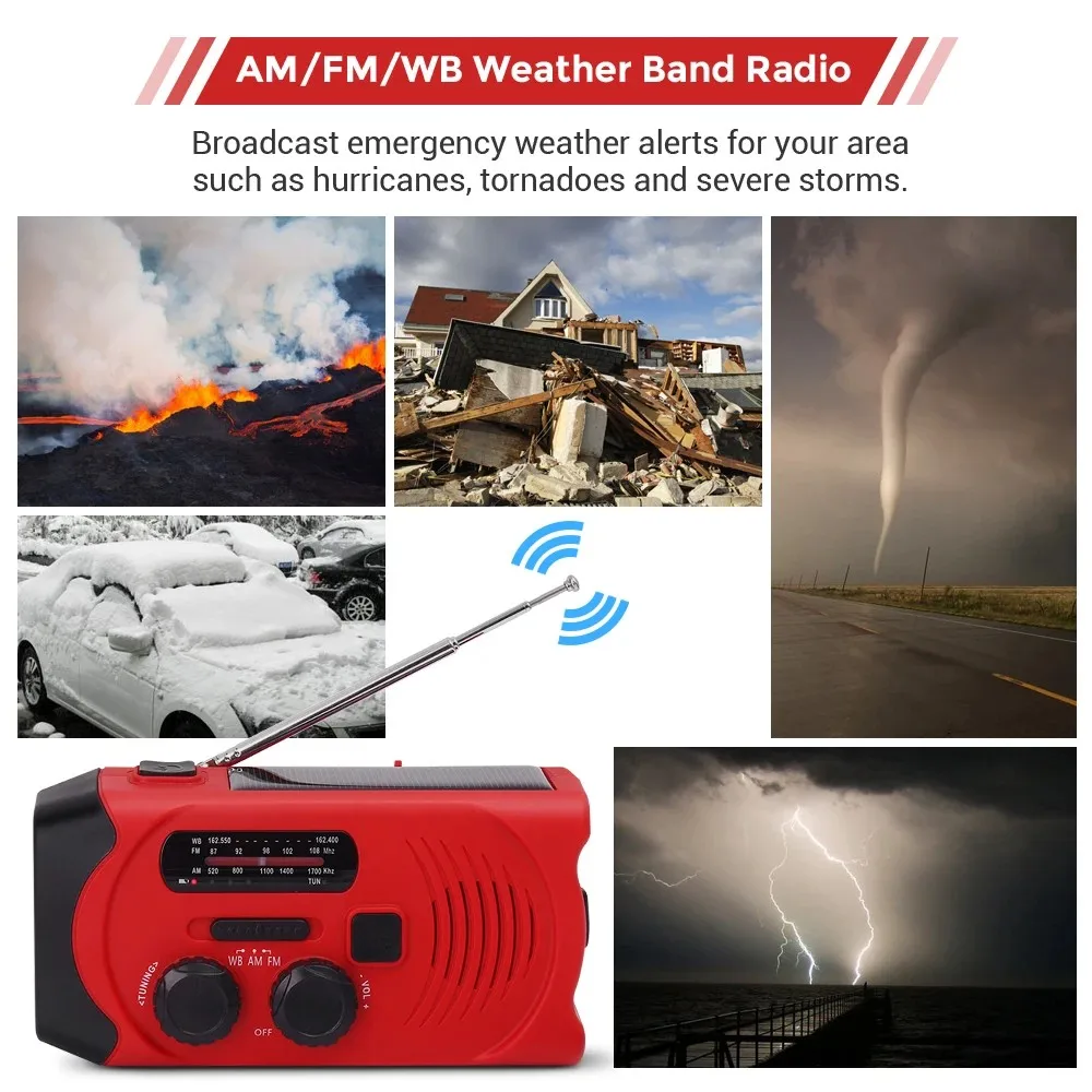 Multi-Function Outdoor FM/AM/WB Weather Band Radio 2000mAh Emergency Solar Power Bank Hand Crank USB Charging LED Flashlight