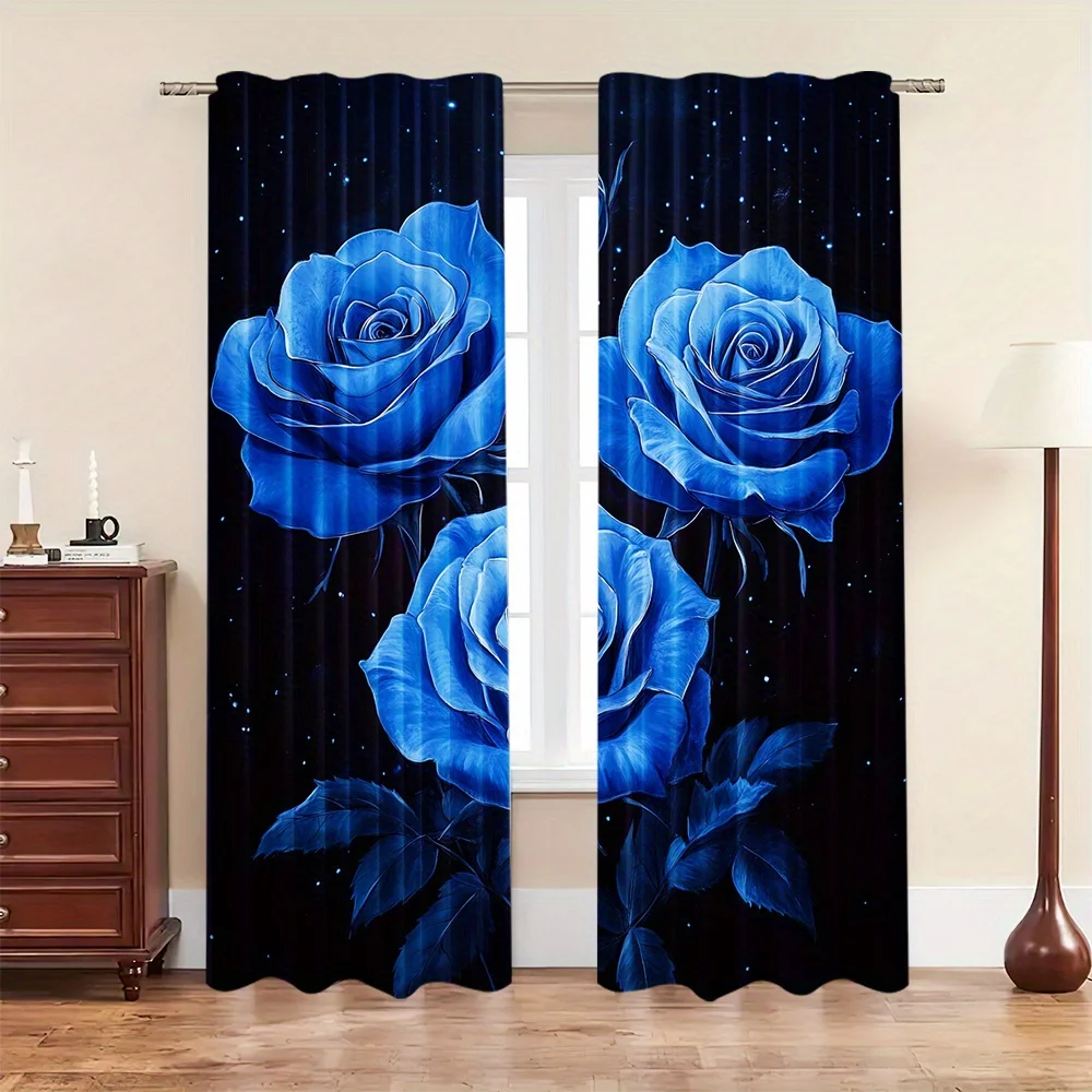Elegant Blue Rose Galaxy Curtains 2pcs Pair Dark Floral Window Drapes Romantic Night Sky Background Living Room Home Decor Curta