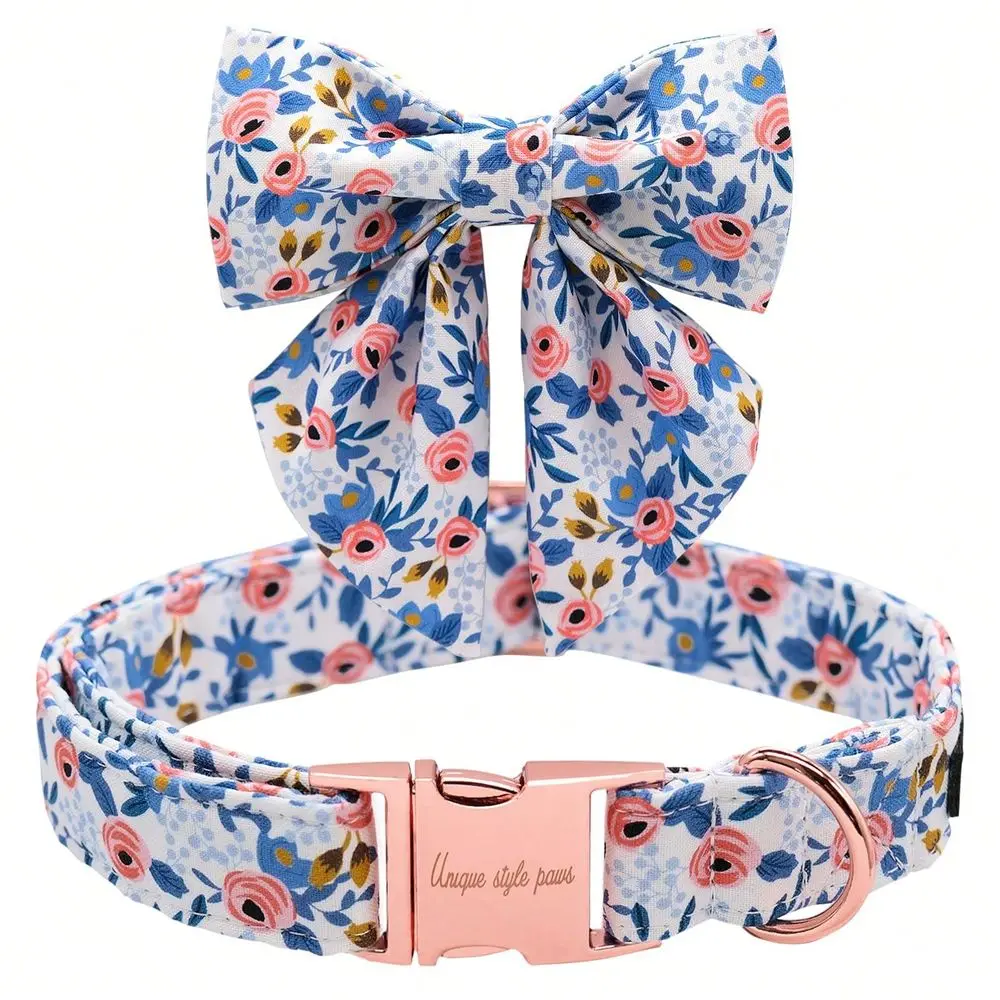 

Style Paws Blue Rose Dog Collar With Sailor Bow For Puppy Small Medium Large Dogs, Metal Buckle Dog Accessory For Cute Male Fem