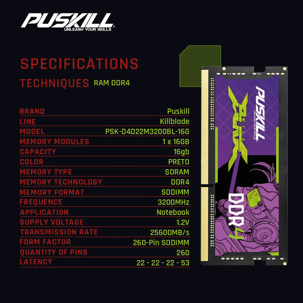 PUSKILL Killblade Memória Notebook Ddr4 16gb 8gb 1.2V 3200mhz 2666mhz 260-PIN SODIMM Memoria RAM Laptop Memory image 4