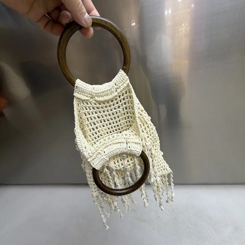 Bohemian Shell Tassel Beach Bags for Women Round Handle Woven Women's Bag NEW Handmade Hollow Knitting Handbags Rope Crochet Bag