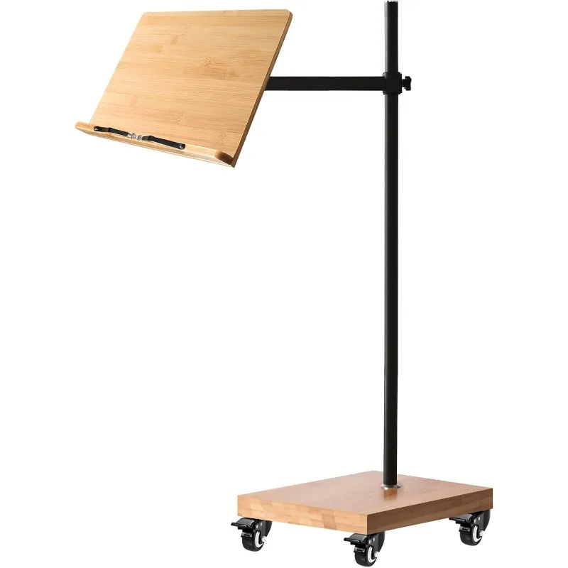 Book Stand for Reading, Rolling Extra Large Lectern Stand with Wheels, Bamboo and Metal Build, Height Adjustable