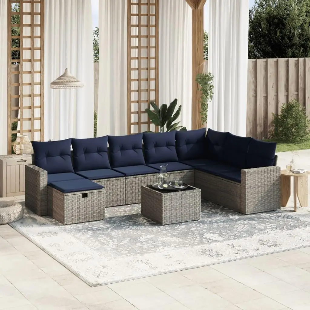 

9 Piece Outdoor Patio Sofa Set with Gray Cushions Poly Rattan Furniture Modern Seating Garden Conversation Set
