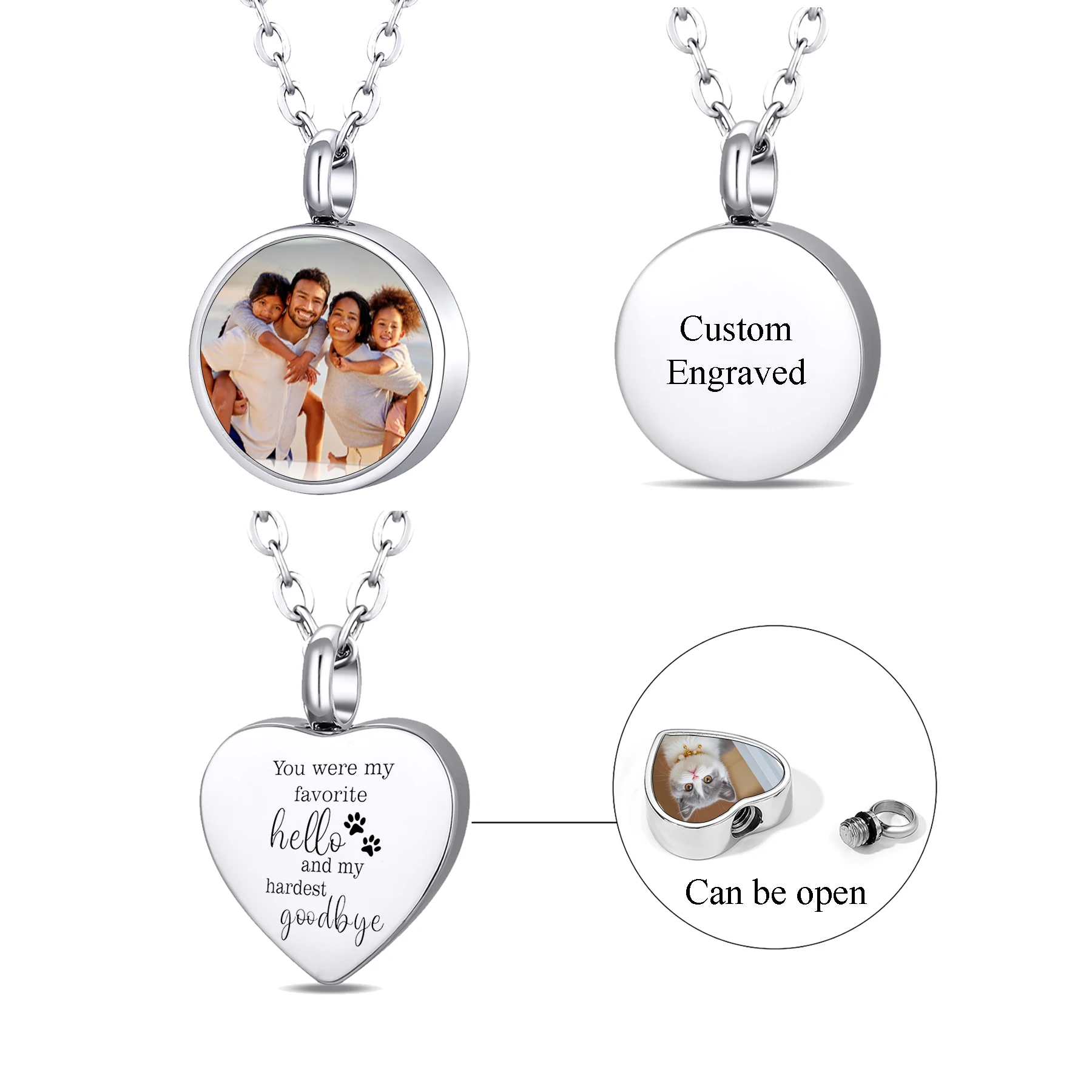 Personalized Photo & Text Heart Round Pendant Cremation Urn Necklace for Ashes Stainless Steel Memorial Keepsake Jewelry