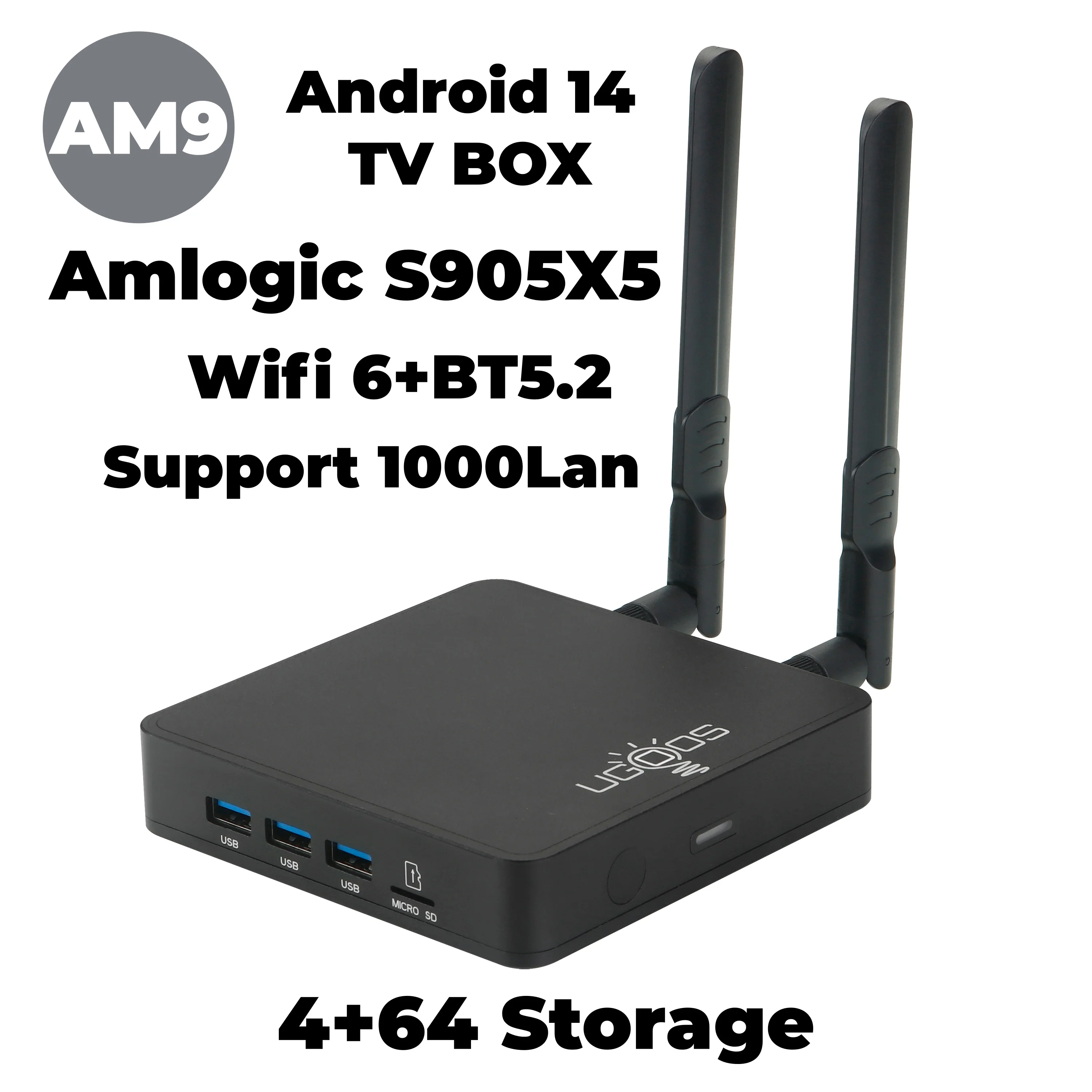 

ТВ-приставка Ugoos AM9 на Amlogic S905X5, Android 14, 4 ГБ DDR4 ОЗУ, 64 ГБ ПЗУ, BT, AV1, 1000M, Wi-Fi 6, 4K HDR медиаплеер, ТВ-бокс