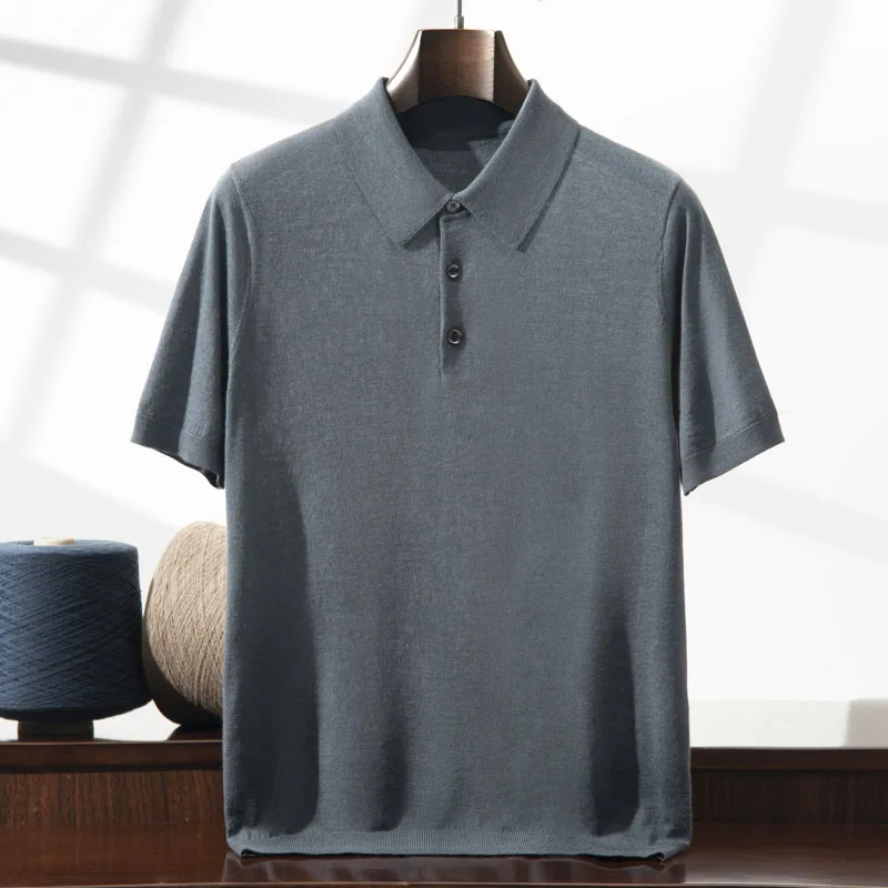 Top 100% fine spun wool polo shirt, soft and smooth, men's pure wool thin knit sweater, hem lapel T-shirt