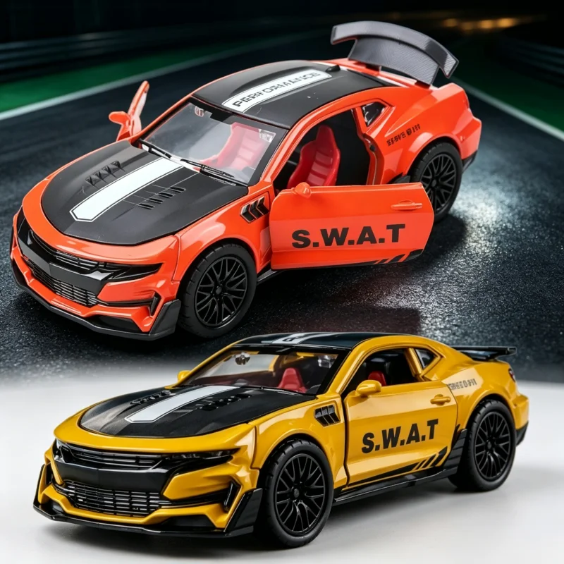1:36 alloy car model, can pull back alloy sports car, with openable car door, large rear wing, collectible toy