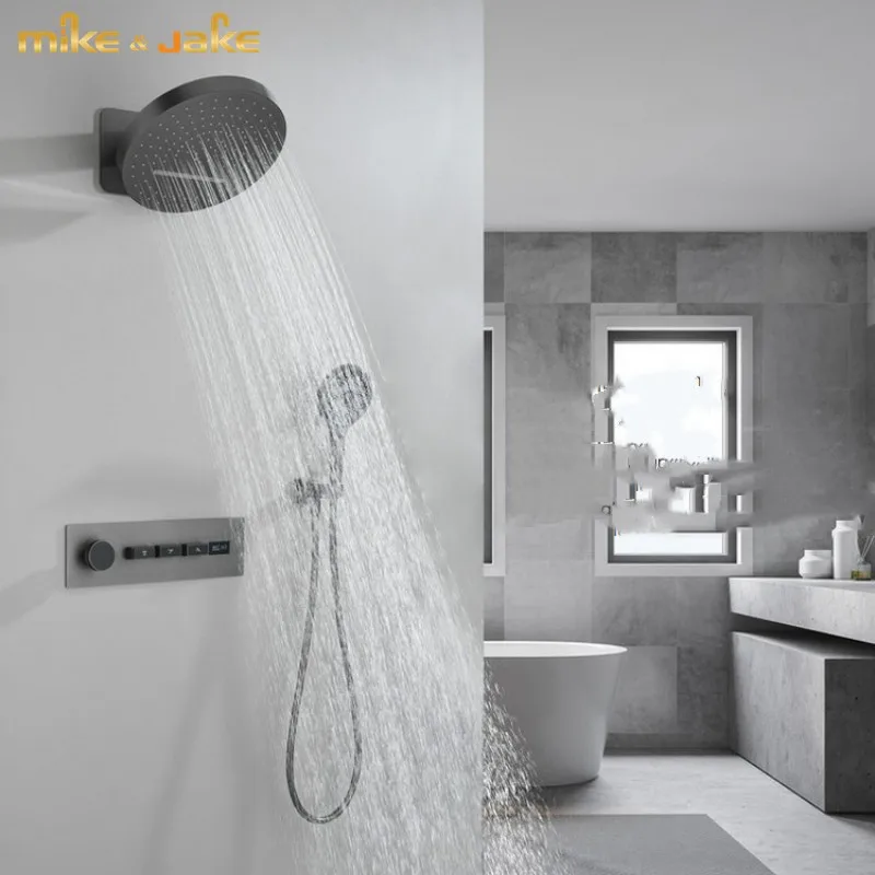 

Gun Grey Embedded Wall Shower Thermostatic shower Concealed Waterfall Shower Digital Display Cold and Hot Hidden Shower Set