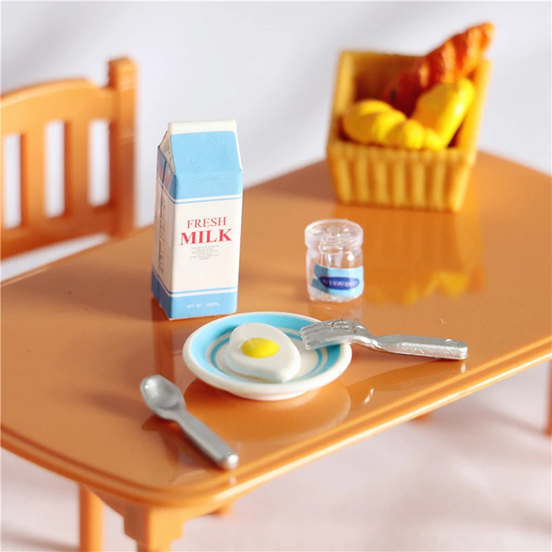 1Set 1/12 Dollhouse Simulation Breakfast Mini Egg Bread Milk Model Dollhouse Kitchen Scene Decoration Pretend Play Toys