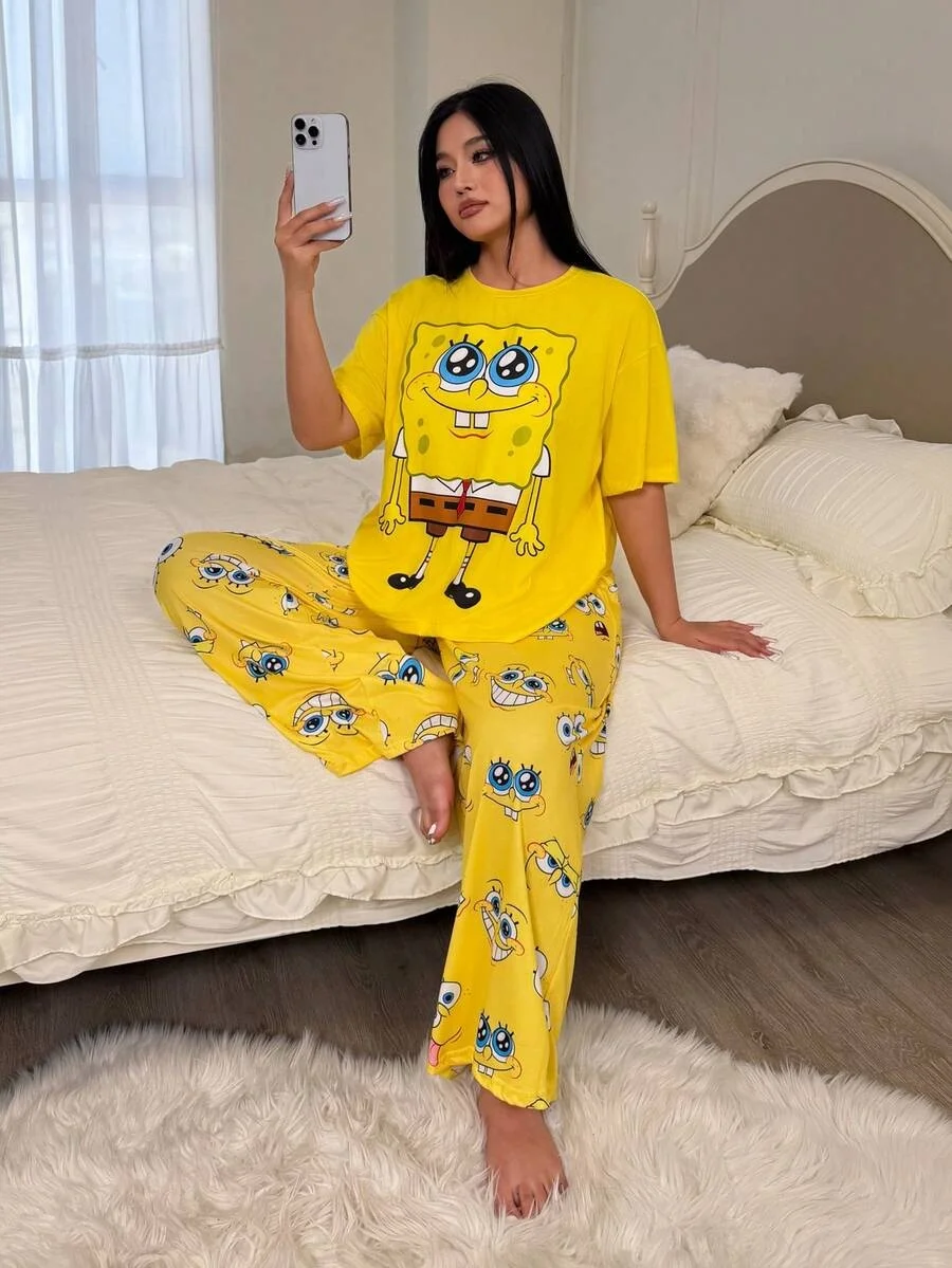 Gelbes SpongeBob Schwammkopf Sommer Kurzarm-Hosen-Set Niedliches Cartoon-Loose-Fit Hausanzug Zweiteiler – Detail 5