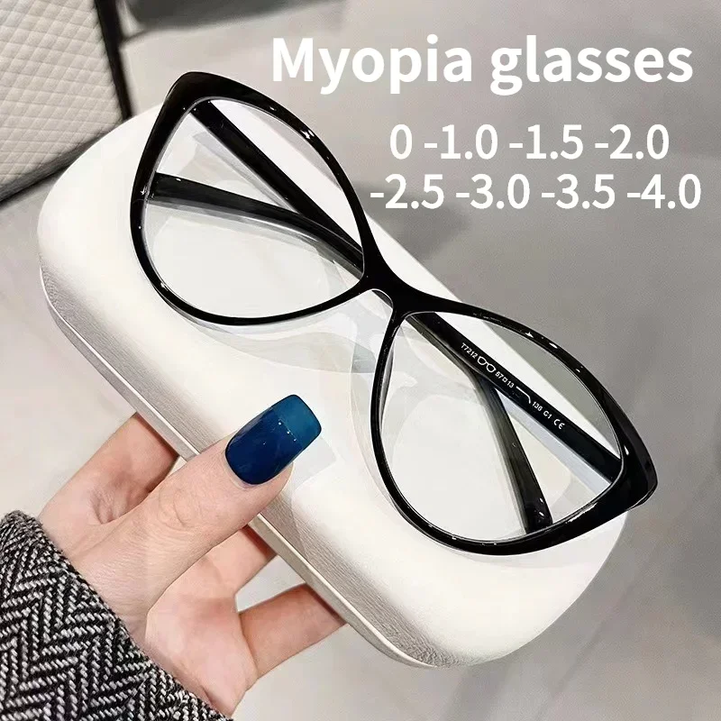 2024 Kobiety Vintage Cat Eye Myopia Okulary Moda Anty Niebieskie Światło Przezroczyste Okulary Duże Ramki Okulary Komputerowe 0 -4,0