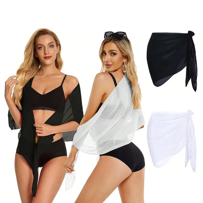 Summer Women's Solid Color Sarong Swimsuit Coverup Beach Bikini Wrap Sheer Chiffon Short Skirt Scarf Swimwear Wrap