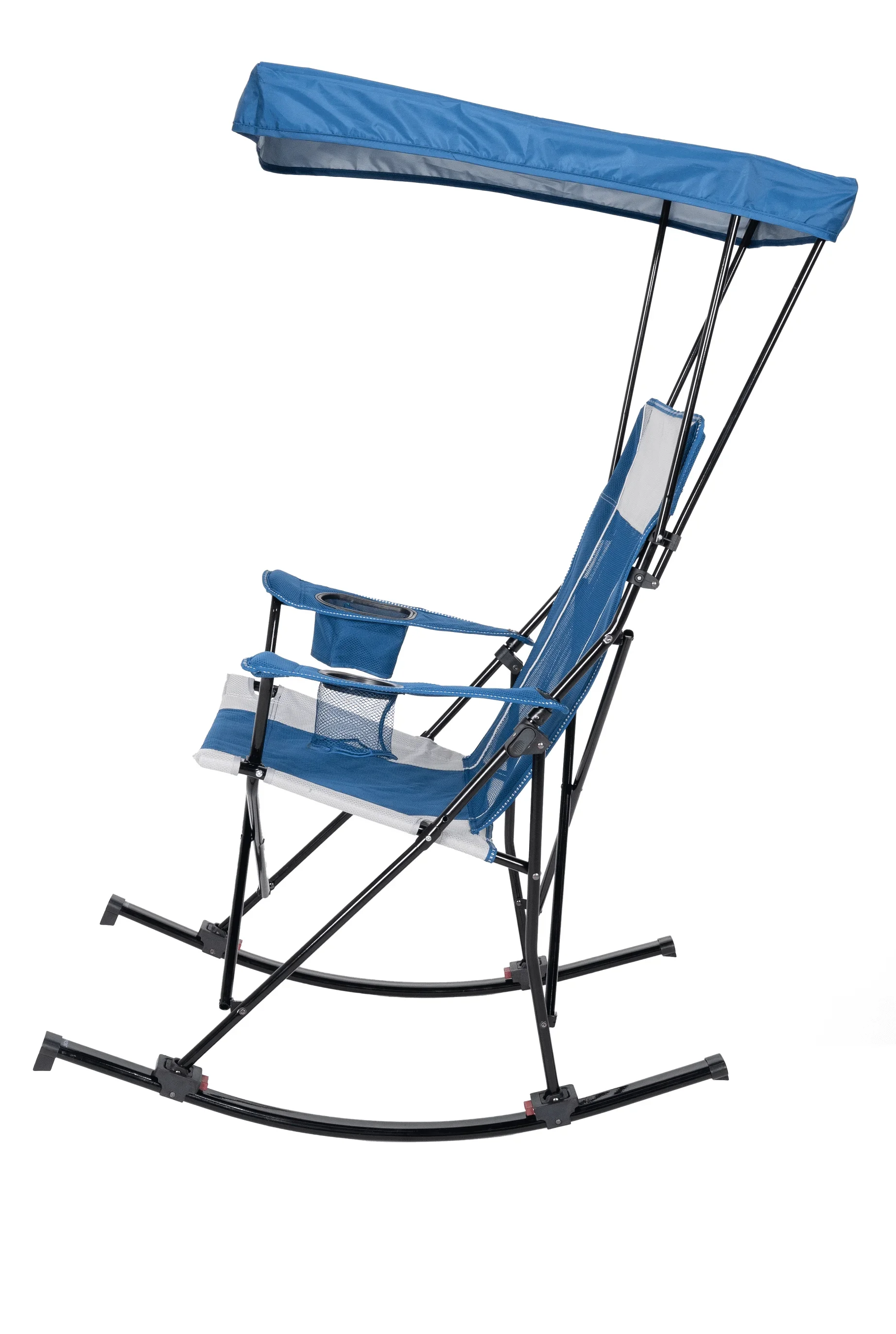 Mesh Tension Rocking Camp Chair with Canopy, Blue and Grey, Detachable Rockers, Adult