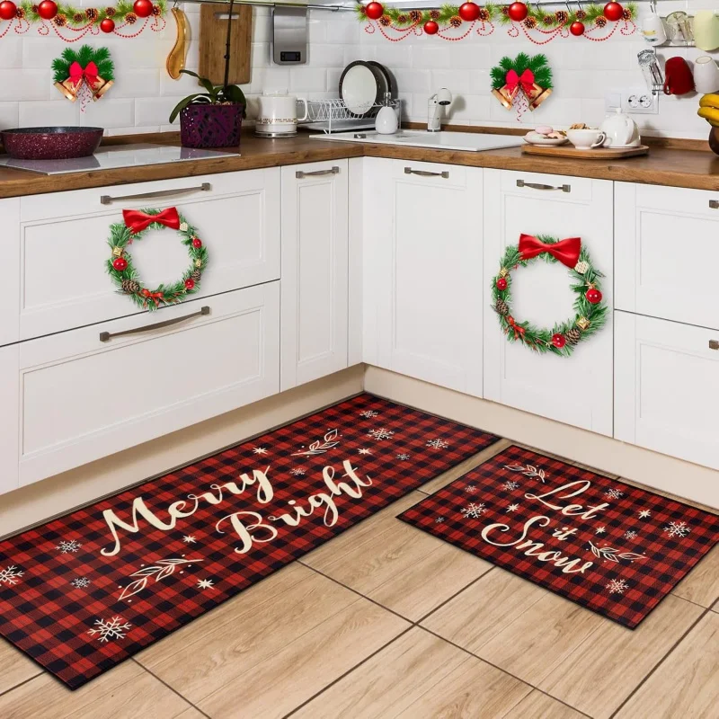 

Christmas Red Buffalo Pattern Kitchen Floor Mat Home Decoration By Mat Two piece Set Size 20inX31in 18inX47in