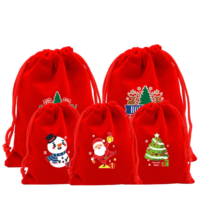 Red Christmas Velvet Bags New Year Drawstring Pouch Xmas Candy Snack Gift Bag Bracelet Jewelry Packaging Storage Bags 13*18Cm