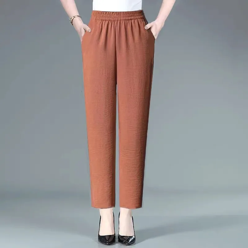 Ice Silk Hemp Mom Straight Leg Pants Summer New Loose Slim High Waist Elastic Waist Casual Versatile Thinming Thinning Pants
