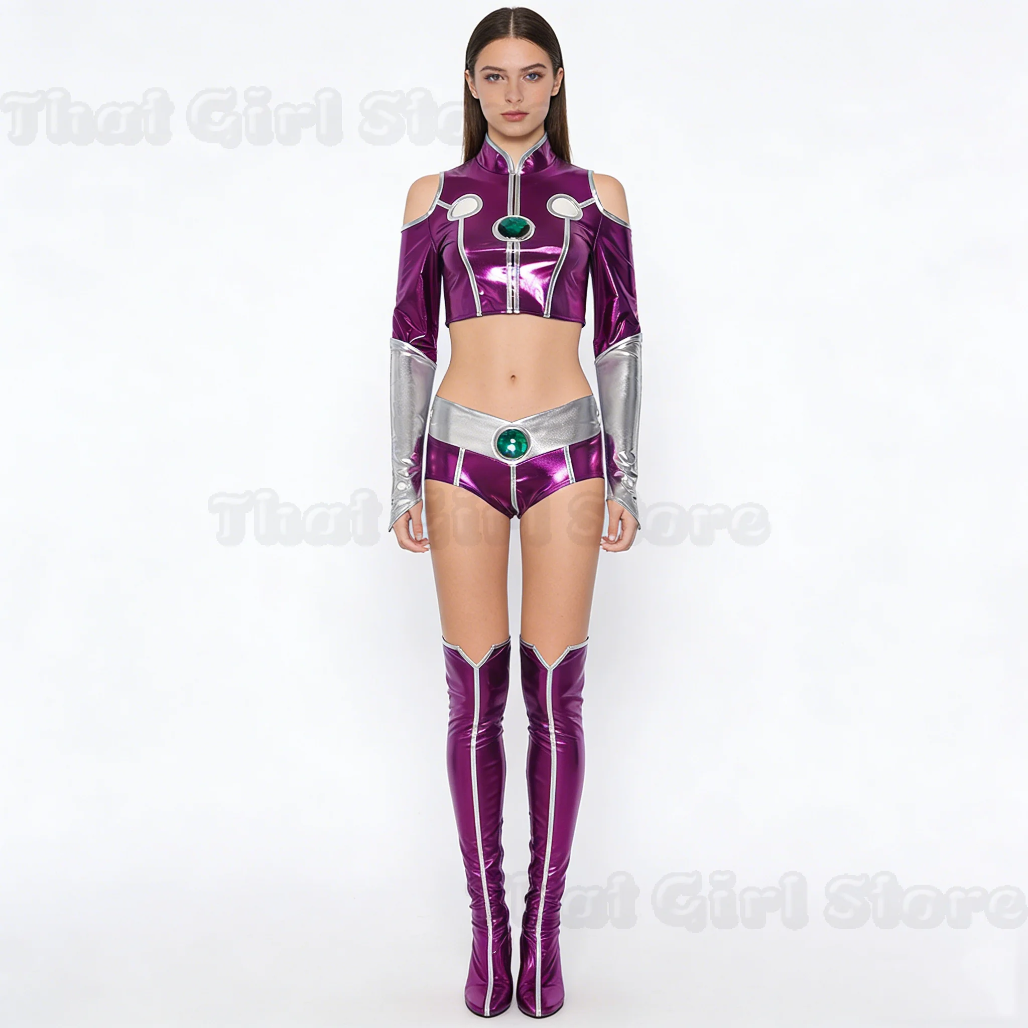 アニメティーンタイタンスターファイアセクシーなスパンデックス全身タイツスーツパープル女性ハロウィンコスプレ衣装セクシーなパープルボディスーツ女性女の子用