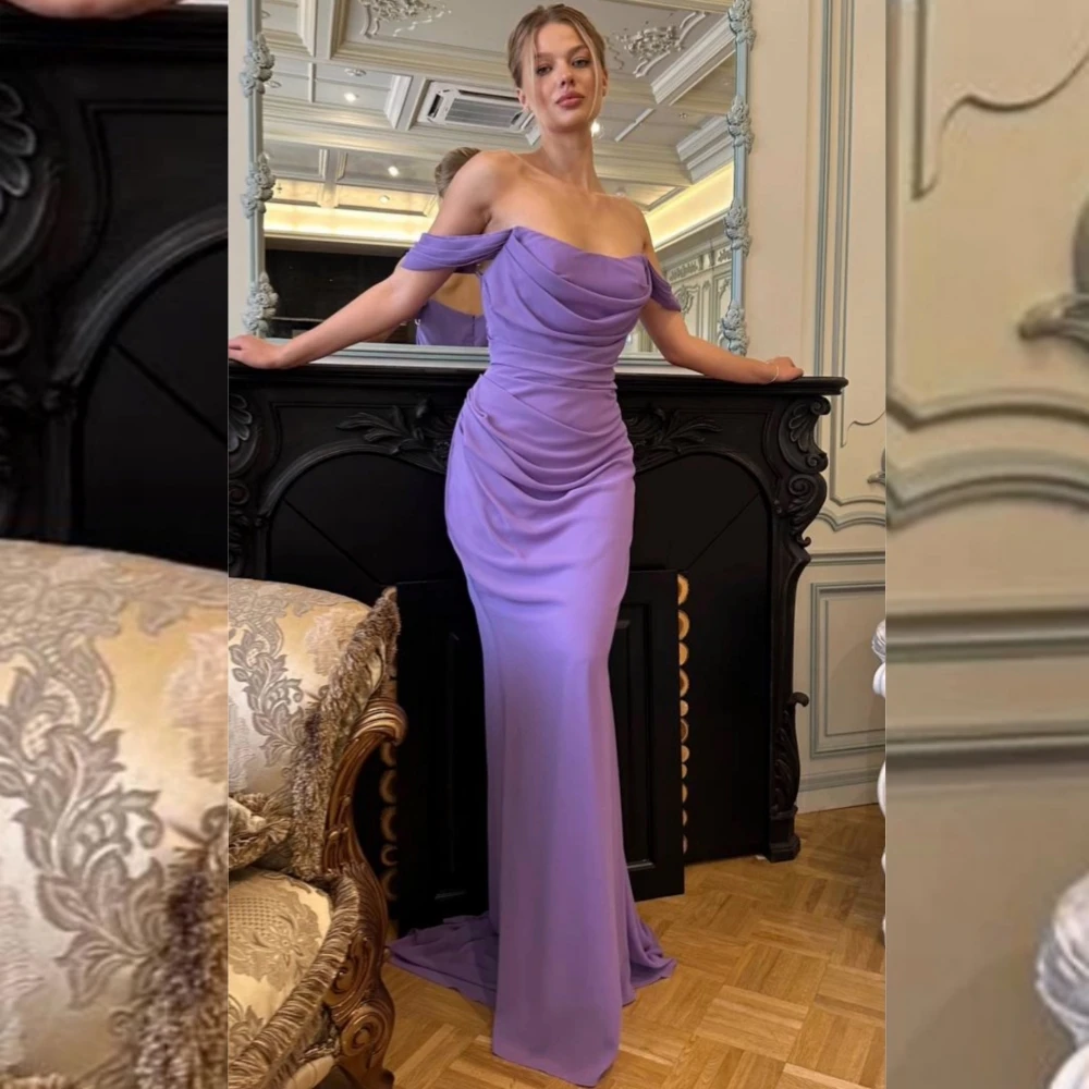 

Customized Pastrol Matching Jersey Pleat Straight Off-the-shoulder Long Dresses Bespoke Occasion Casual