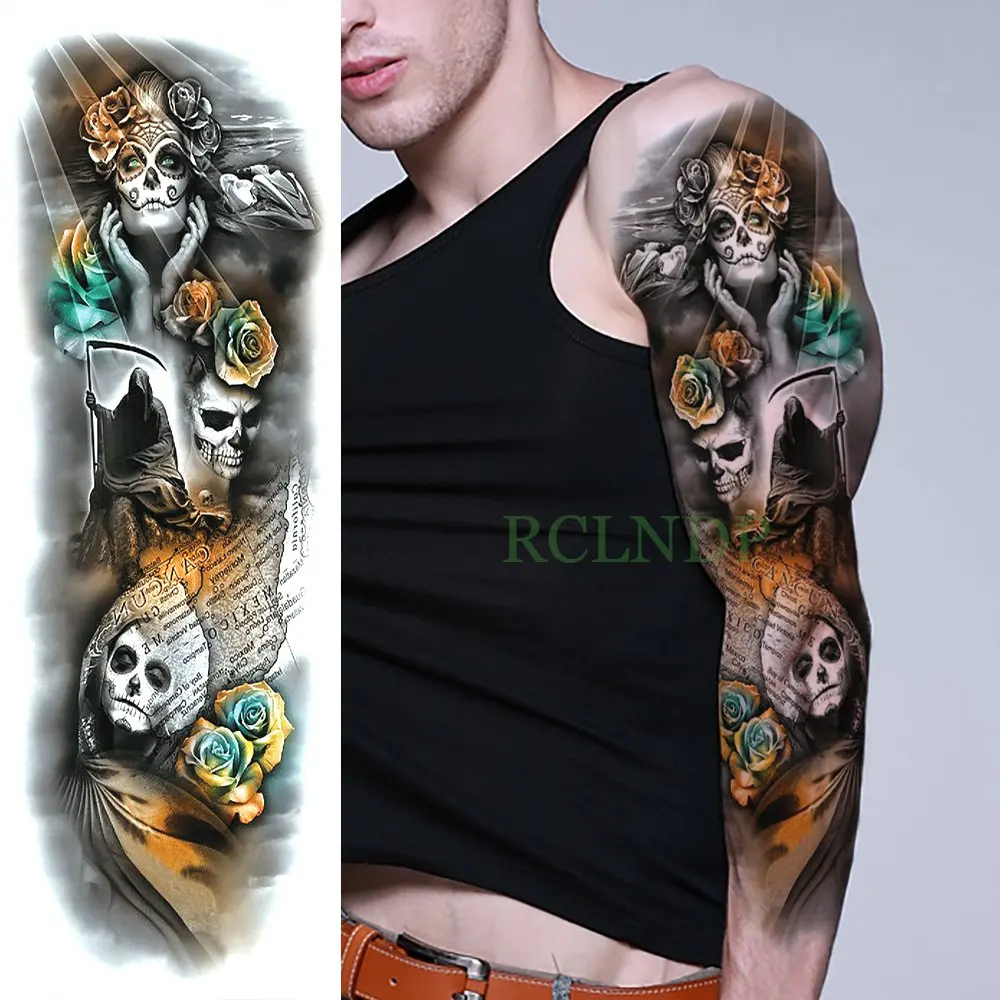 Waterproof Temporary Tattoo Sticker Skull Rose Angel Eyes Wings Sun Full Arm Sleeve Fake Tatto Flash Tatoo For Women Men Girl