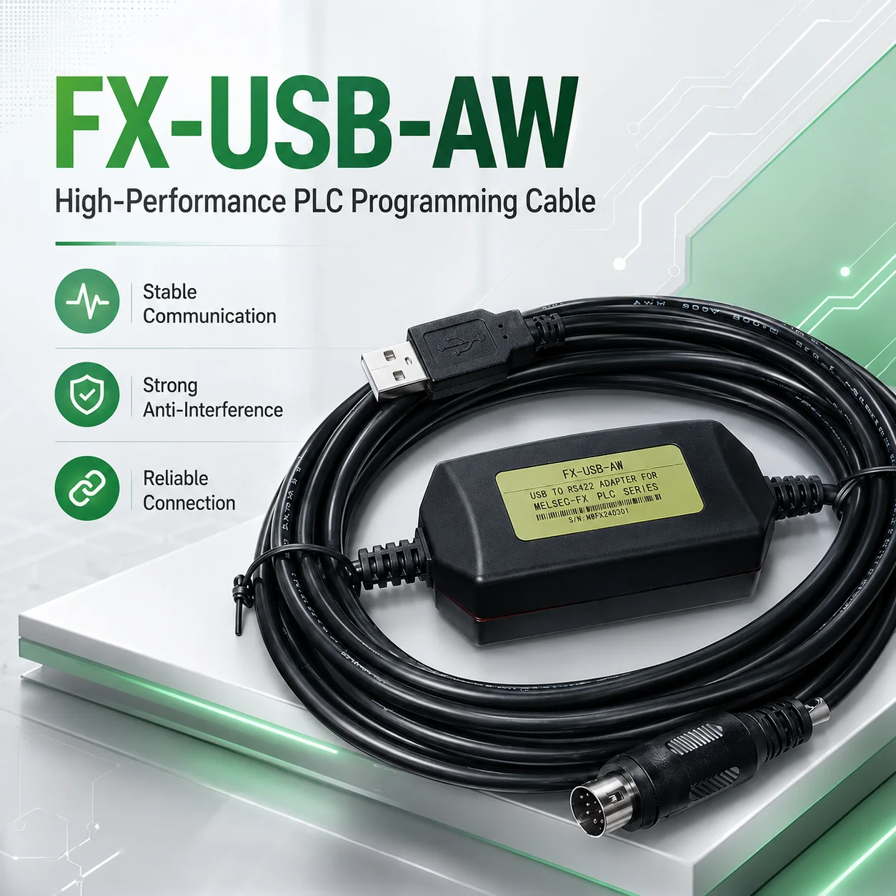 FX-USB-AW 3M PLC Programming Cable, 5V USB Download Lead for Mitsubishi FX3U FX3G FX3UC FX3GA FX3SA Series
