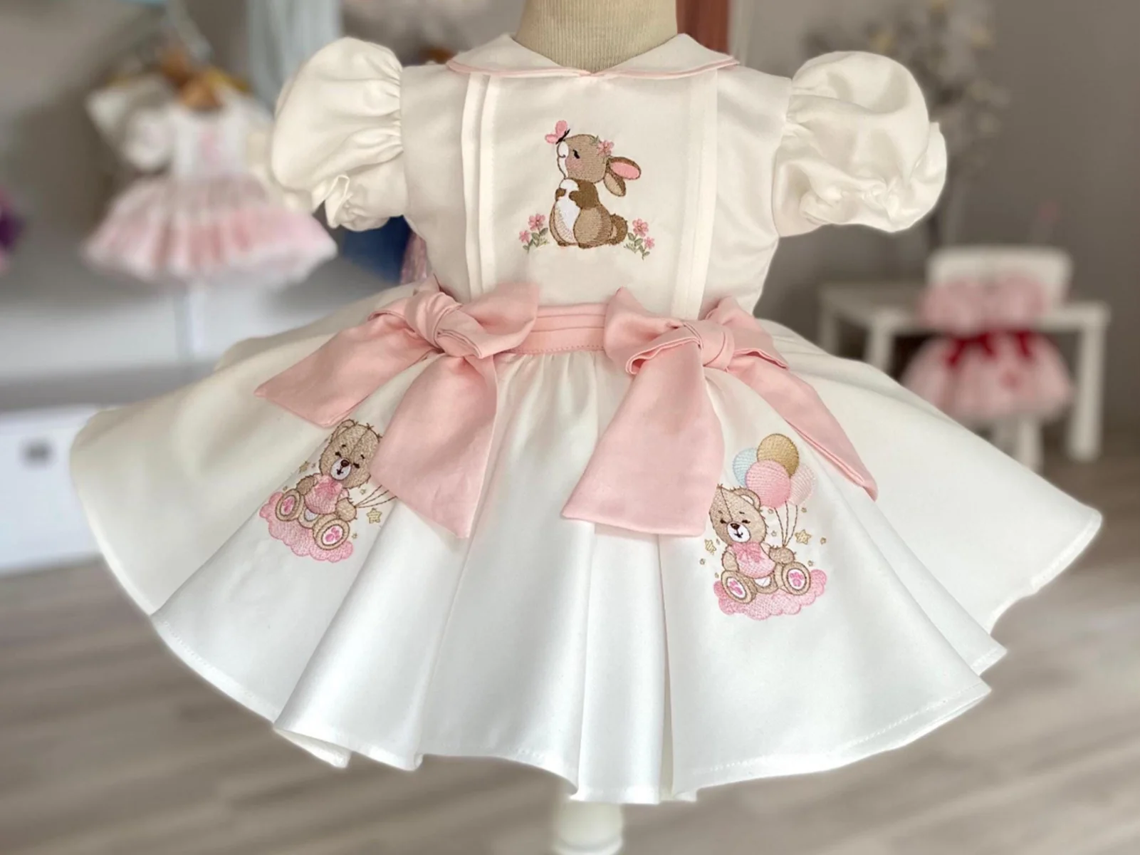 

Summer Girl Rabbit Bear Embroidered Pink Bow White Dress for Casual Party Birthday Wedding Photography